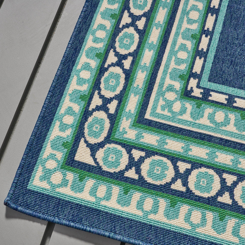GDF Studio Darleen Outdoor Border  Area Rug, Navy and Green, 5'x8'