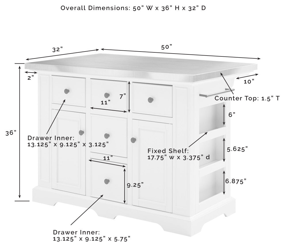 Julia Stainless Steel Top Kitchen Island