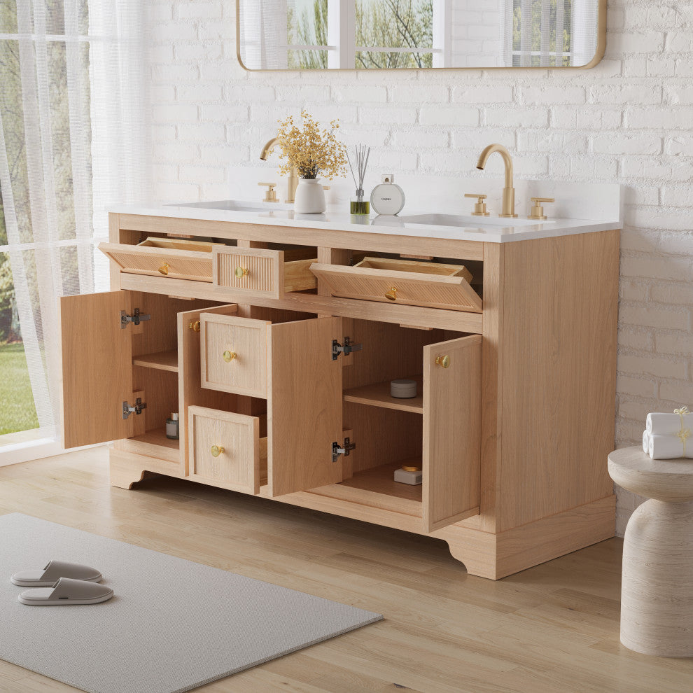 Solid Wood Bathroom Vanity with Carrara White Quartz Top, CUPC-certified Sink, 60"