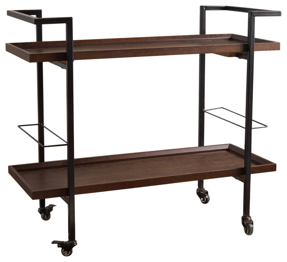 GDF Studio Modern Industrial 2-Tier Wood Bar Cart with Wheels, Dark Walnut