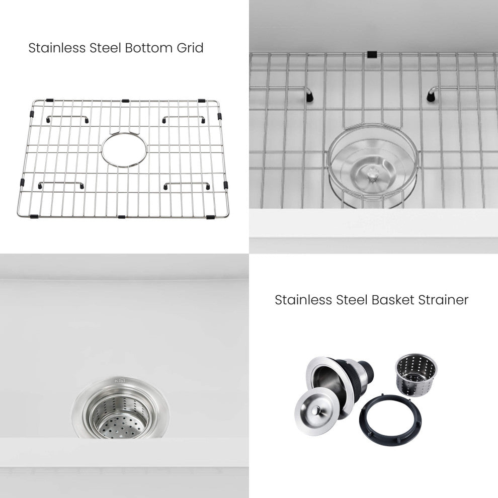 White Fireclay Farmhouse Undermount Kitchen Sink, Bottom Grid and Strain, 27"