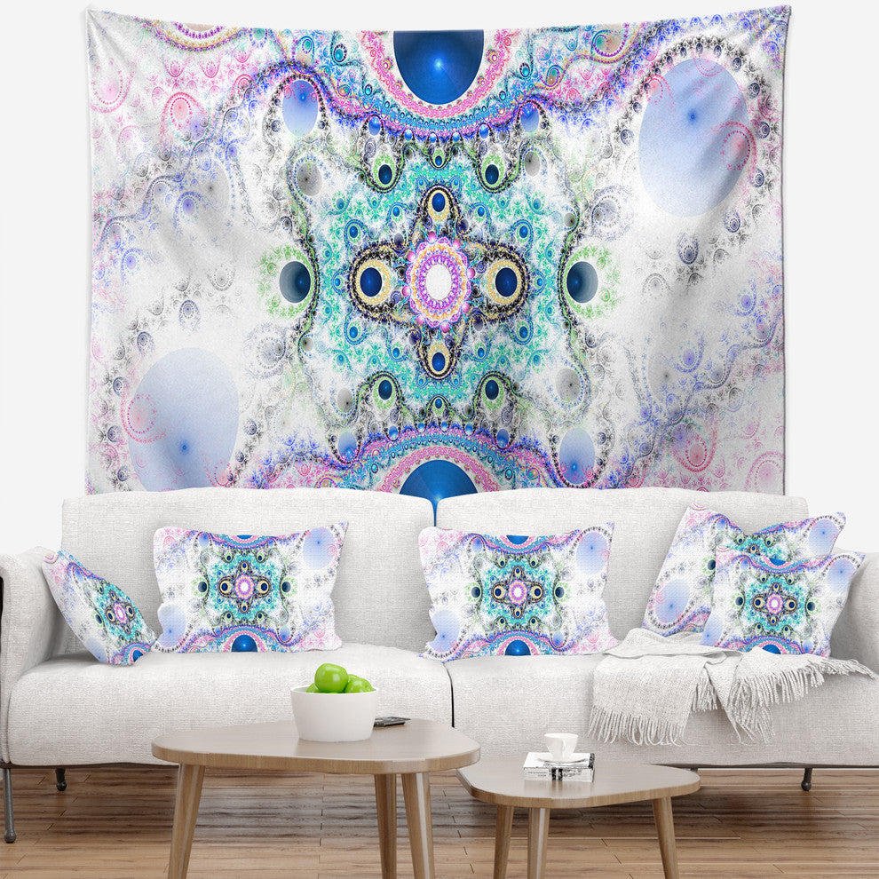 Cryptical Blue Fractal Pattern Abstract Wall Tapestry, 60"x50"