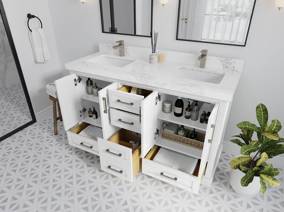 Boston 60 Double Bathroom Vanity in White 2" Carrara Marble