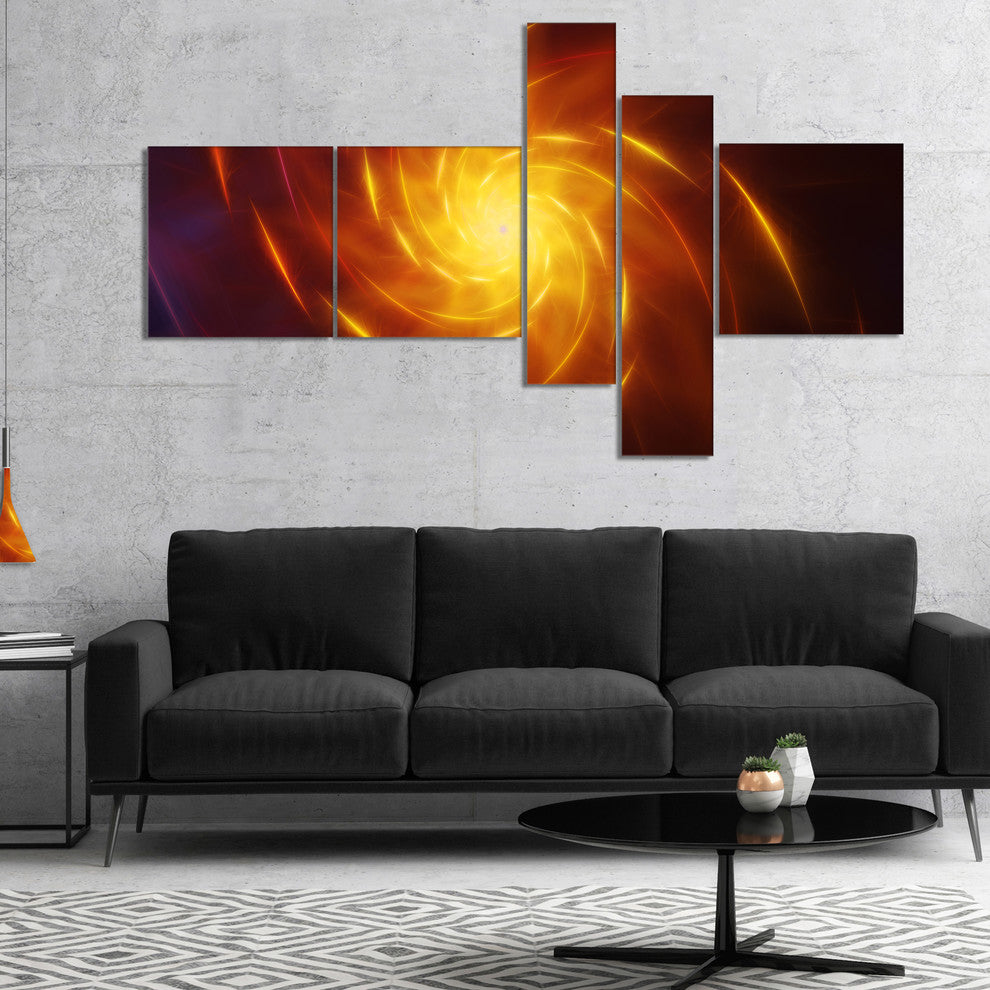 Yellow Whirlpool Fractal Spirals, Abstract Art on Canvas, 60"x32", 5 panels