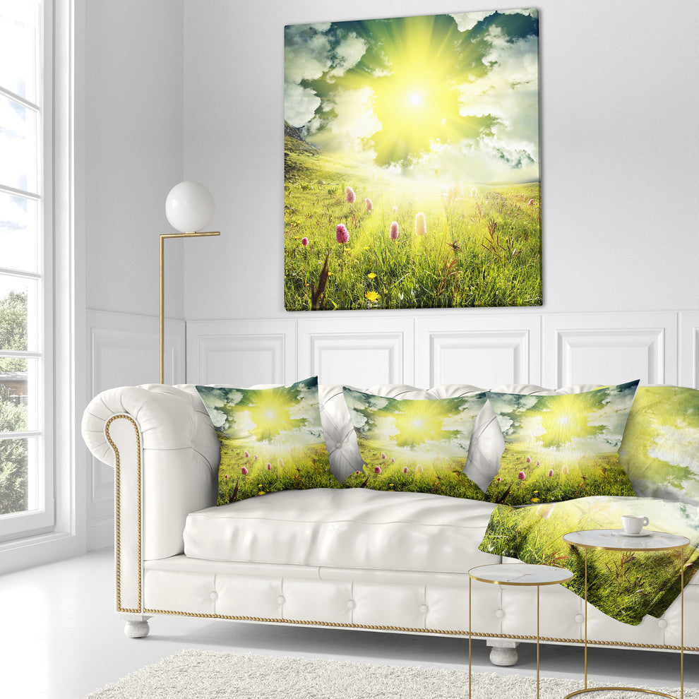 Mountains Pasture Under Bright Sunset Landscape Printed Throw Pillow, 16"x16"