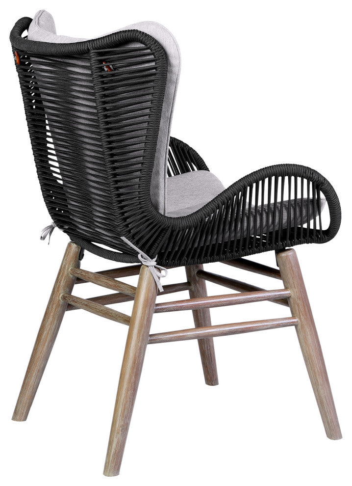 Fanny Outdoor Patio Dining Chair, Light Eucalyptus Wood and Charcoal Rope