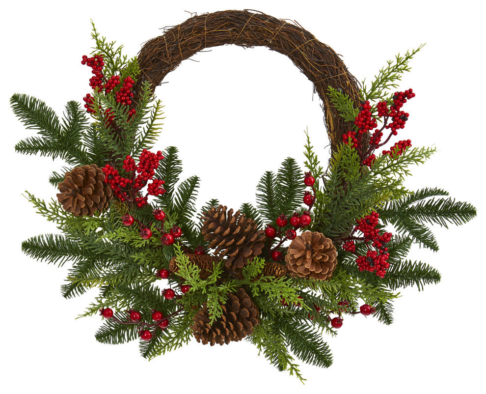 22" Mixed Pine and Cedar With Berries and Pine Cones Artificial Wreath NN4360