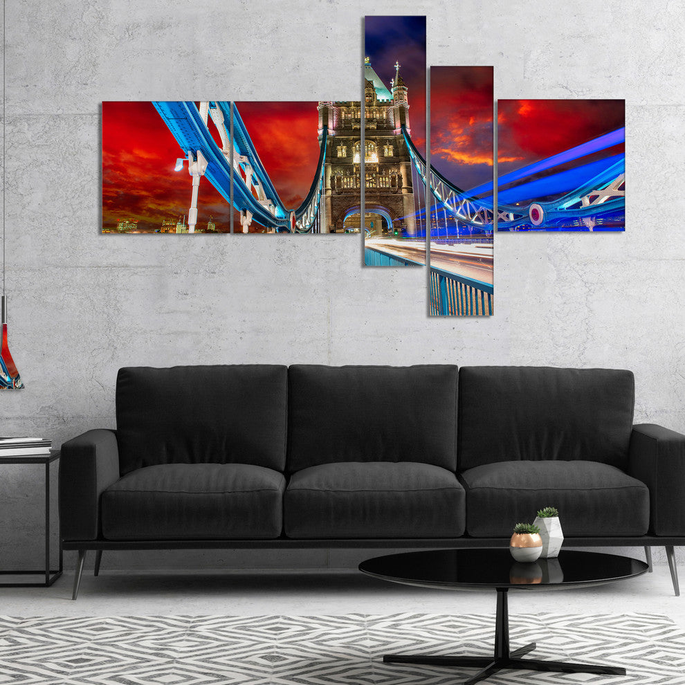 Storm Over Tower Bridge at Night, Cityscape Photo Canvas Art, 60"x32", 5 panels