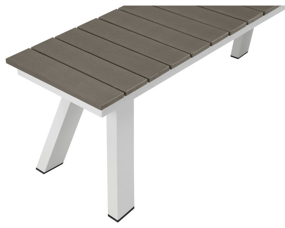 Benzara BM287849 Outdoor Dining Bench, Gray Polyresin Top, White Aluminum Frame