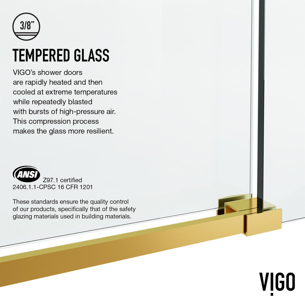 VIGO Elan Hart 56" to 60" W x 76" H Frameless Sliding Shower Door, Matte Brushed Gold, Clear Glass