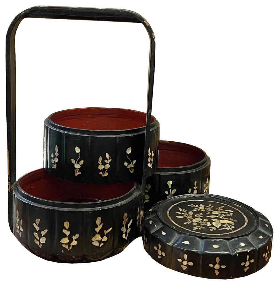 Chinese Vintage Distressed Black Lacquer MOP Inlay Basket, Hws2218