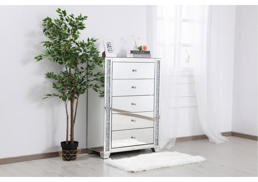 34" Silver Crystal Mirrored Five Drawer Cabinet