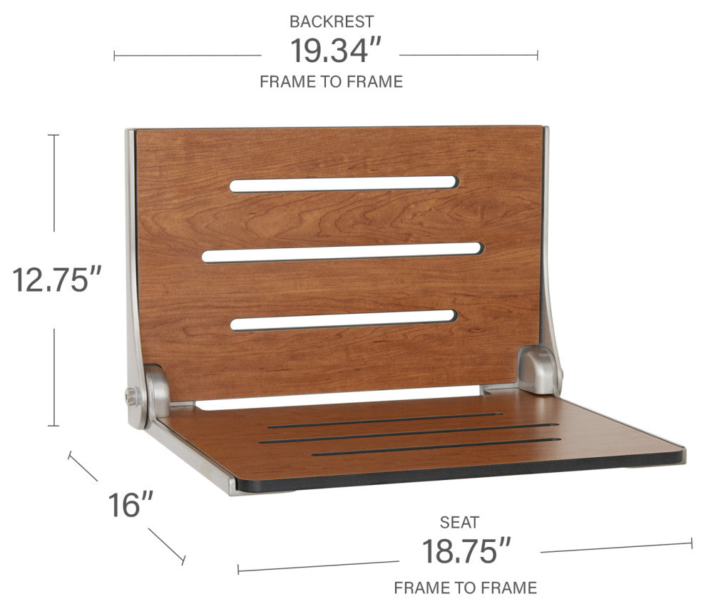 Silhouette Folding Wall Mount Shower Bench Seat, Rustic Teak, Silver Frame