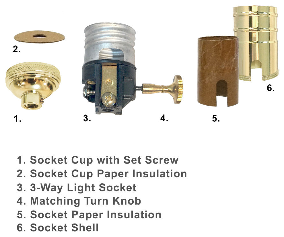 Royal Designs, Inc. 3 Way Vintage Lamp Socket, Polished Brass, Set of 6