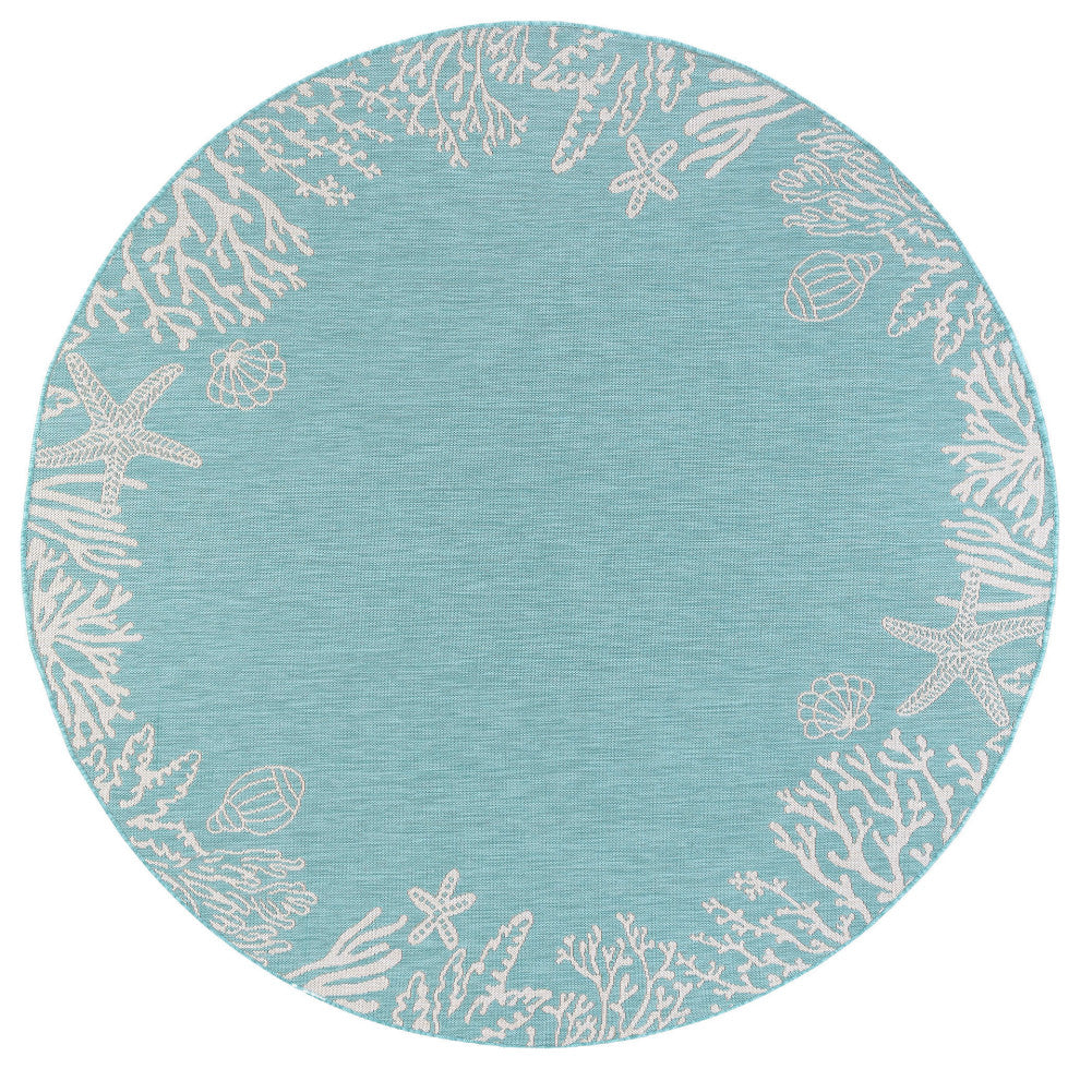 Biscayne Novelty Coastal Aqua/Cream Round Indoor/Outdoor Area Rug, 8'