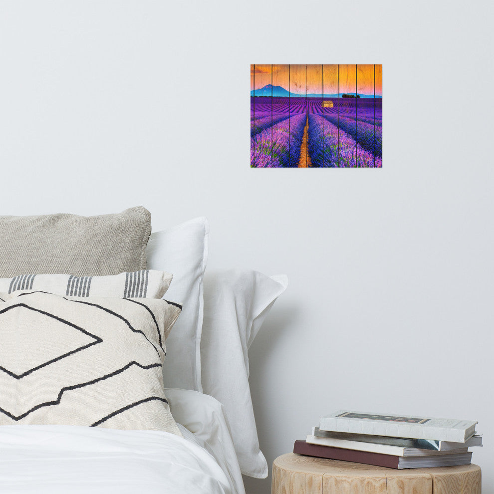 Faux Wood Lavender Fields and Sunset Landscape Unframed Wall Art Prints, 11" X 14"