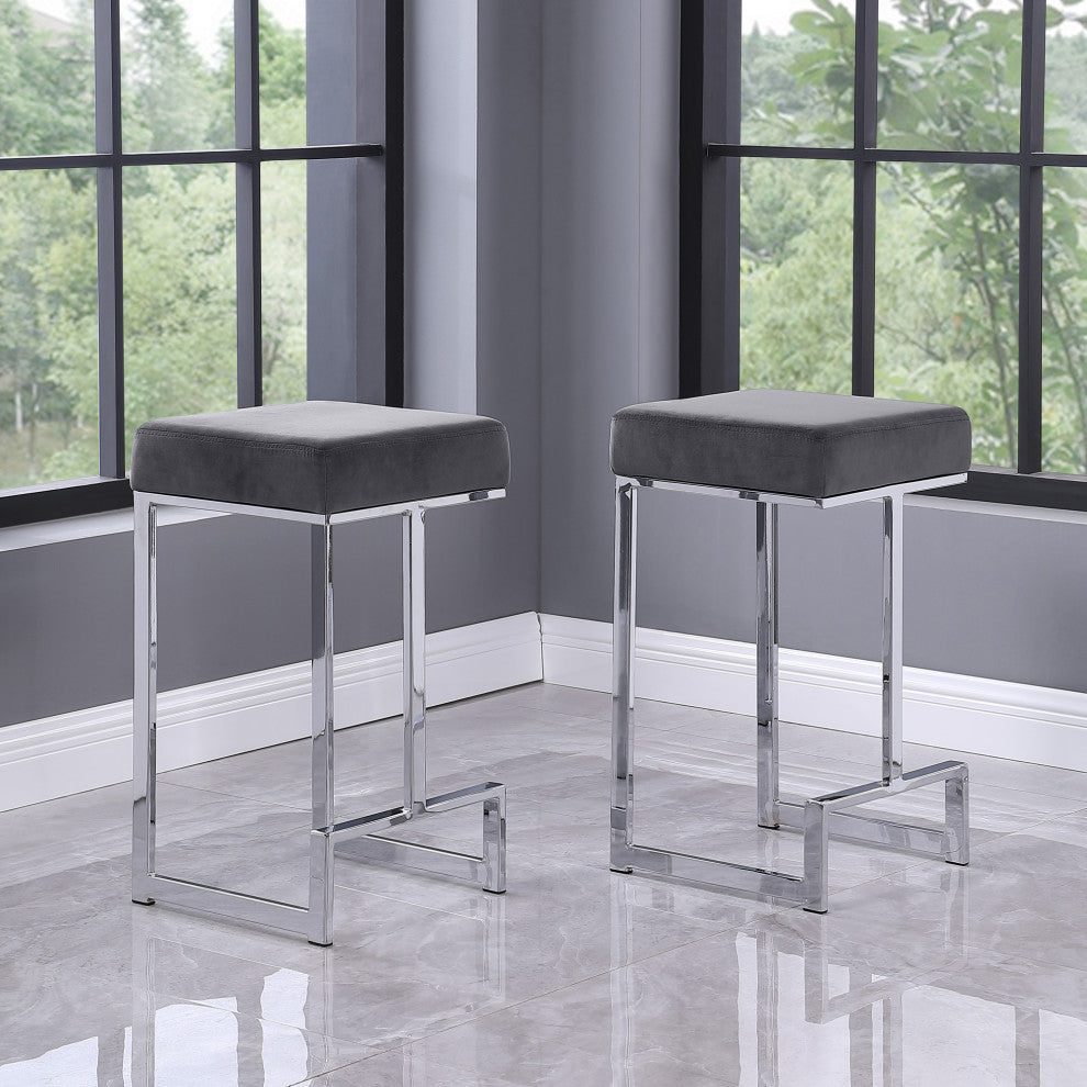 Jakob Backless 25" Counter Height Stool, Stainless Steel, Set of 2, Velvet Gray