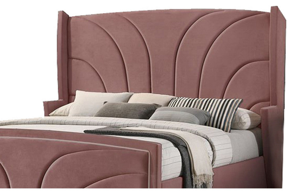 Benzara BM284025 Wood King Size Bed, Wingback Frame, Pink Velvet, Chrome Legs