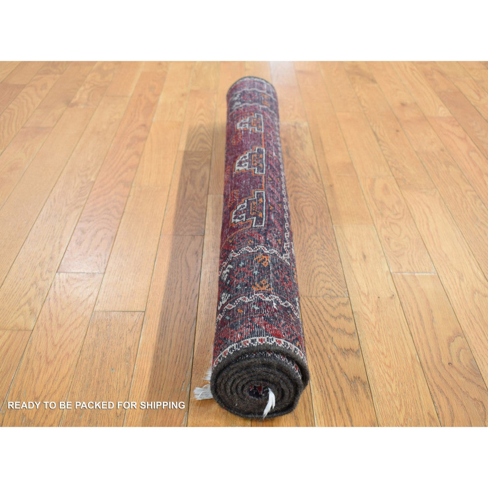Red Vintage Tourkaman Bokara Pure Wool Hand Knotted Runner Rug 3'4" x 5'10"