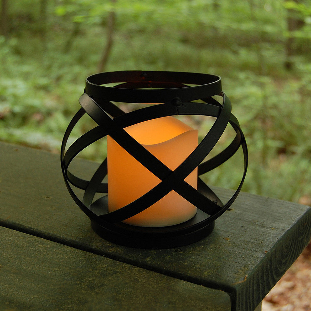Metal Lantern, Warm Black Banded Design With Battery Operated Candle