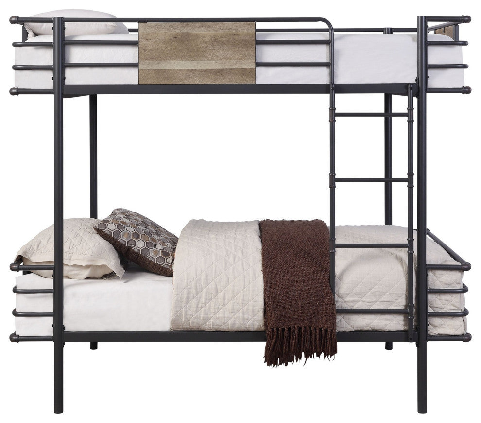 Benzara BM235363 Metal Twin Over Twin Bunk Bed With Attached Ladder, Black
