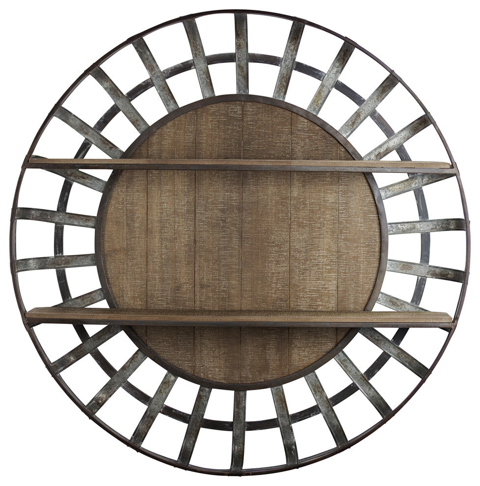 American Art Decor Rustic Wood and Galvanized Metal Round Hanging Wall Shelf