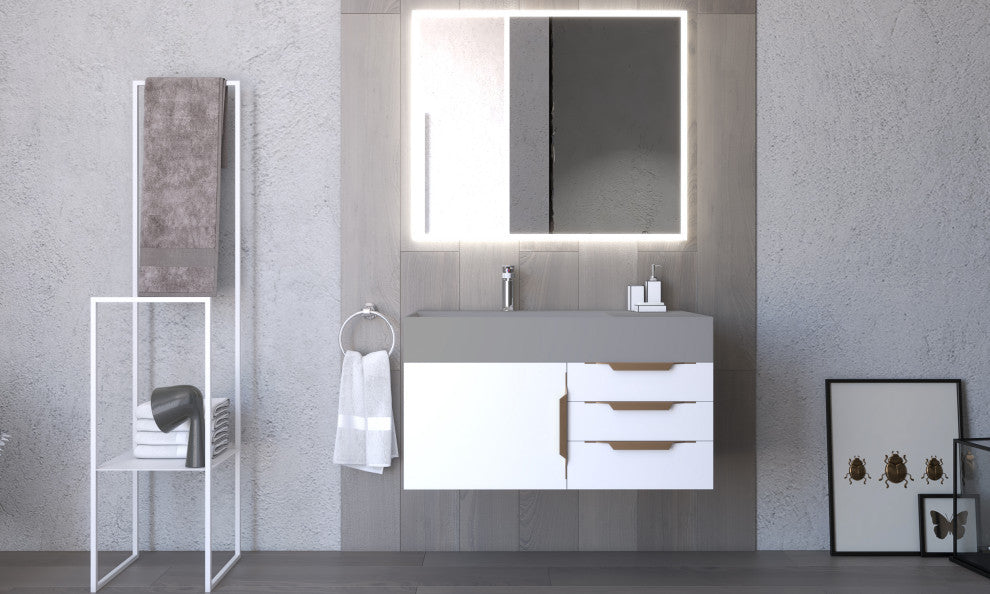 CastelloUSA Amazon 36" Wall Mount Vanity Set, White, Gray Top, Gold Handles