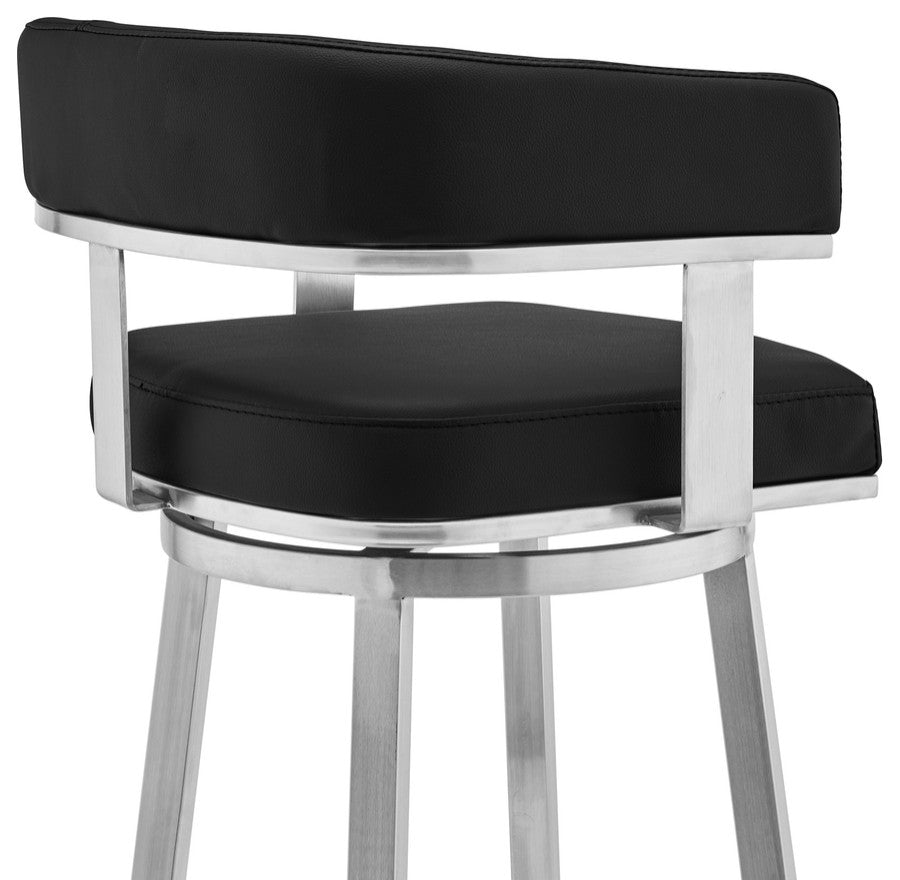 38" Black And Silver Faux Leather Swivel Low Back Bar Height Chair With Footrest