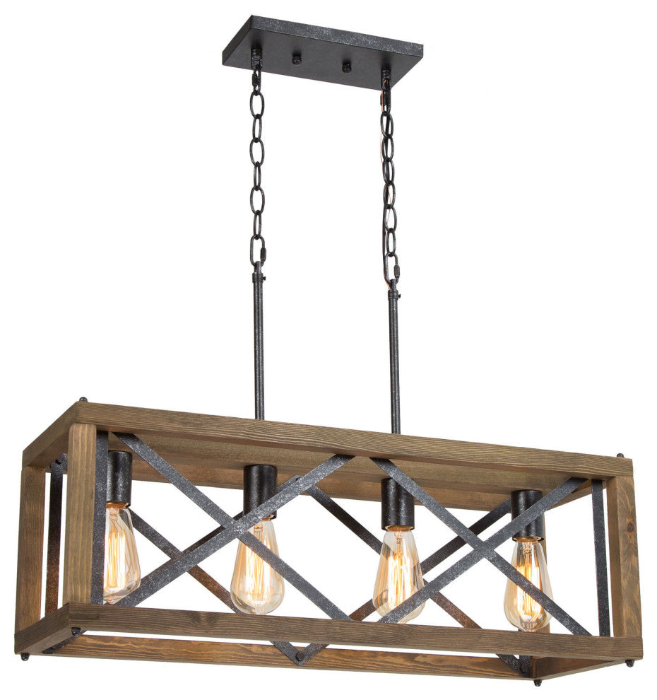 LNC 4-Lights Farmhouse Antique Black and Natural Wood Grain Linear Chandelier