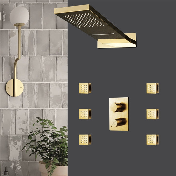 Avellino 22" Brushed Gold Rainfall Shower System, 6 Jetted Body Sprays, Non LED