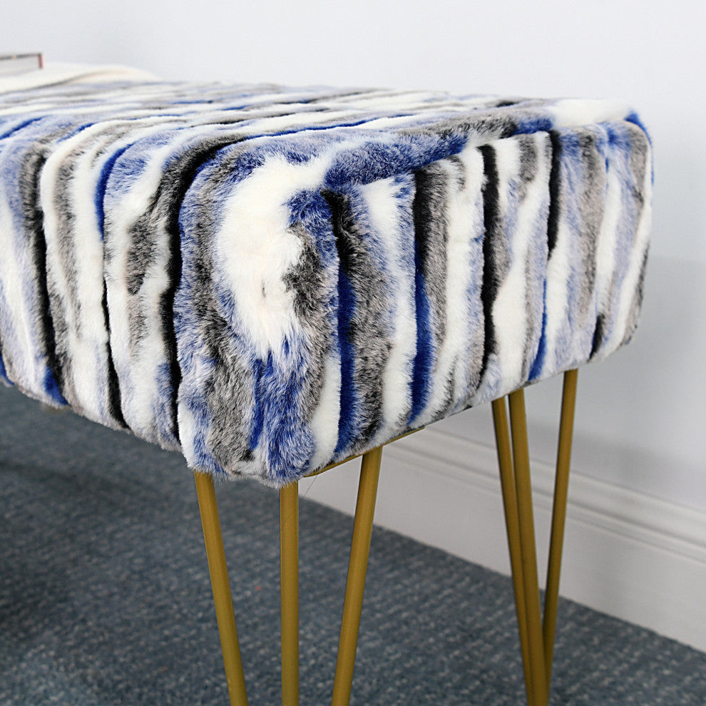 Multi Jacquard Faux Fur Ottoman, Blue, 46"x16"x7"