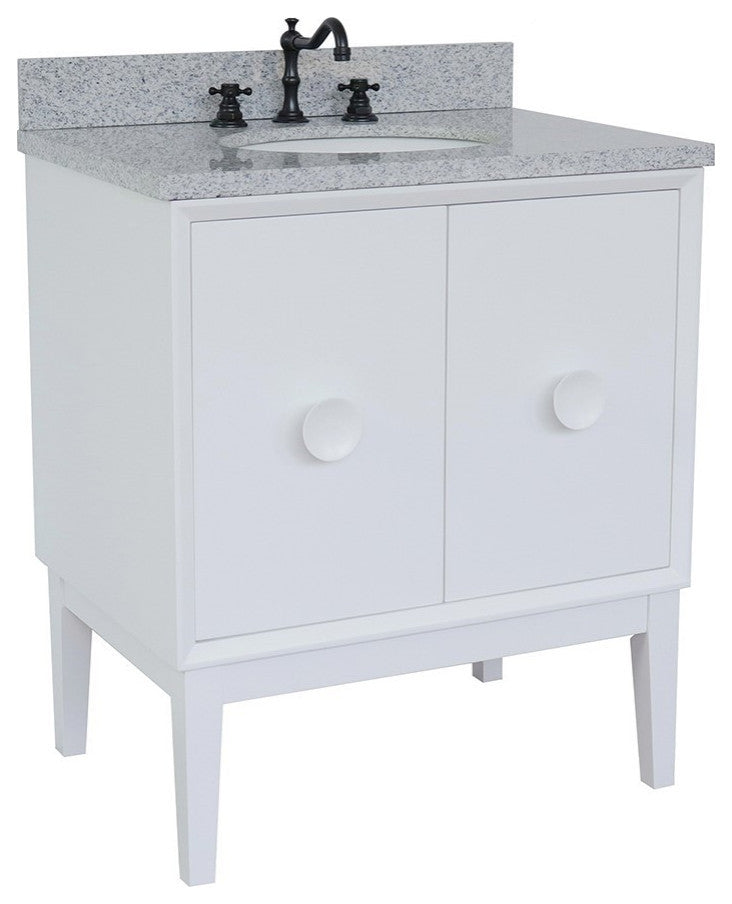 31" Single Vanity, White Finish With Gray Granite Top And Oval Sink