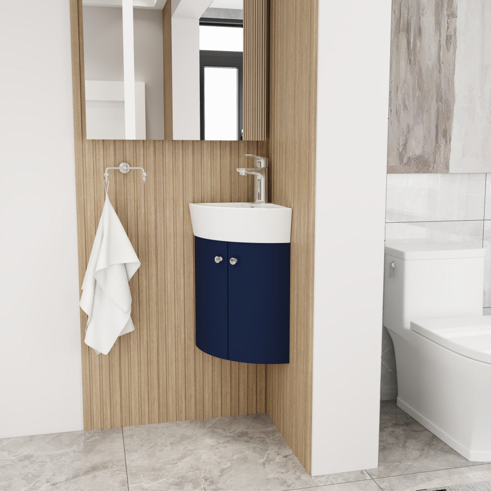 BNK Compact Double-Door Corner Bathroom Cabinet with Ceramic Basin