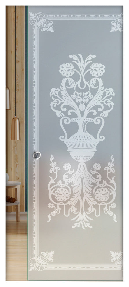 Pocket  Sliding Glass Door with Decorative Frosted Sandblasted Design, Full-Private, 32"x80", 5/16" (8mm)