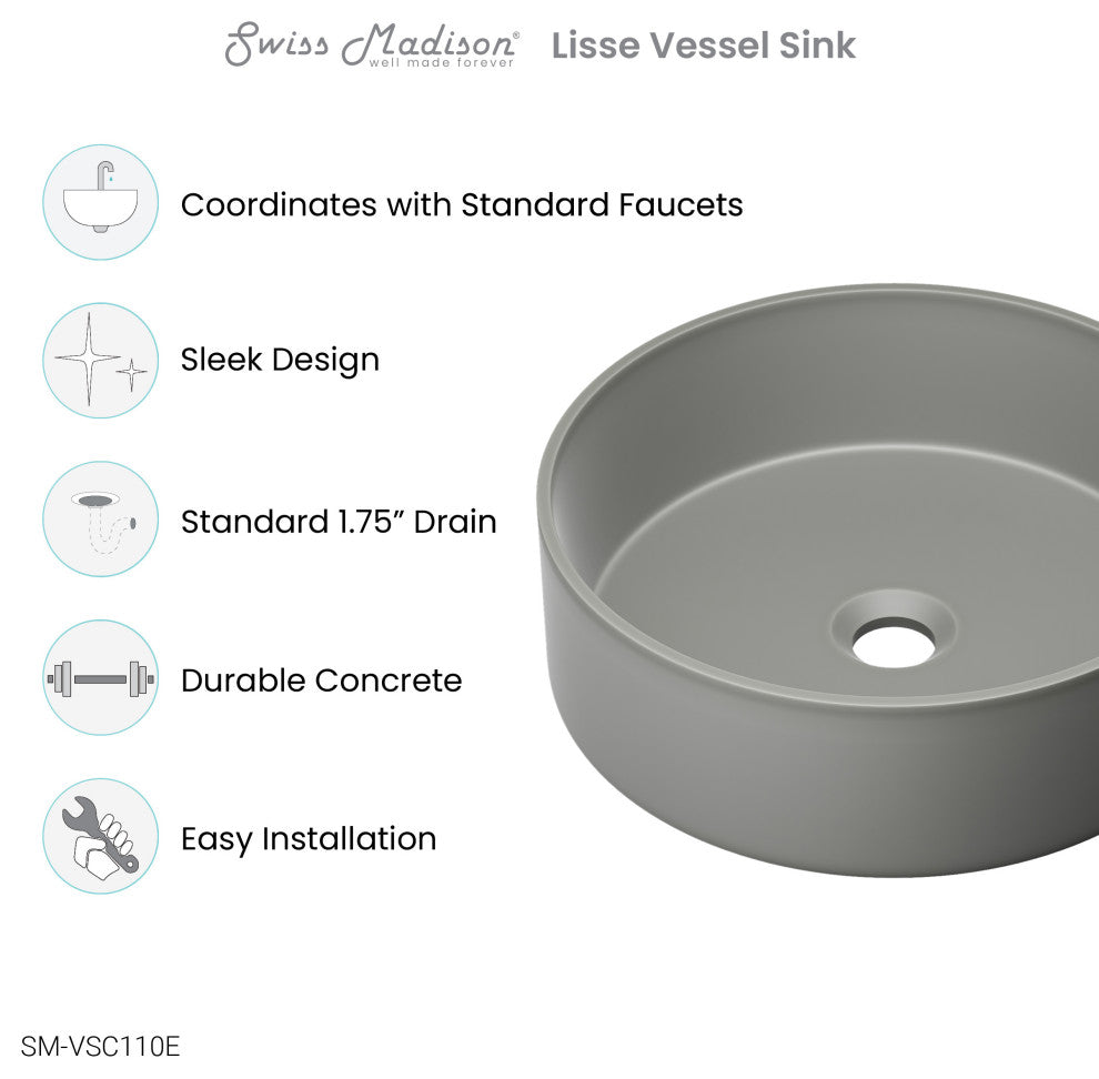 Lisse 14.5" Round Concrete Vessel Bathroom Sink, Dark Gray