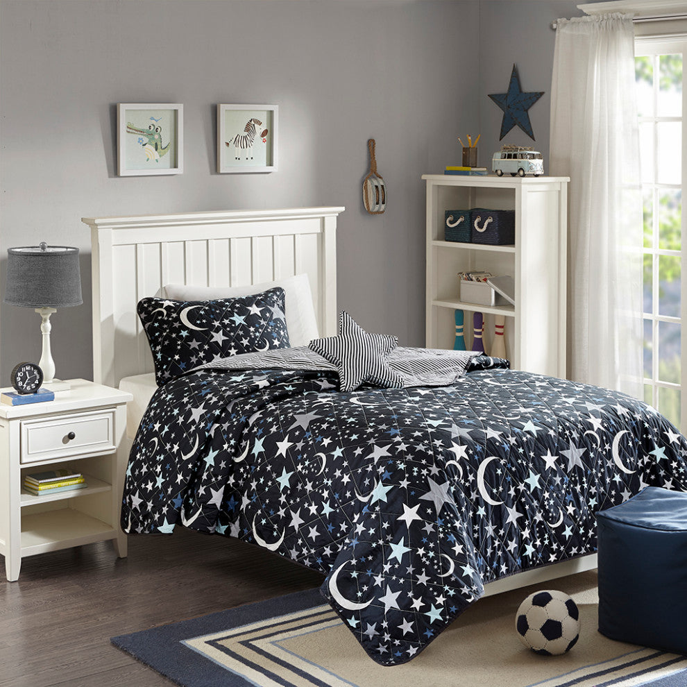 Mi Zone Kids Starry Night Stars Coverlet Set, Black, Antimicrobial, Twin
