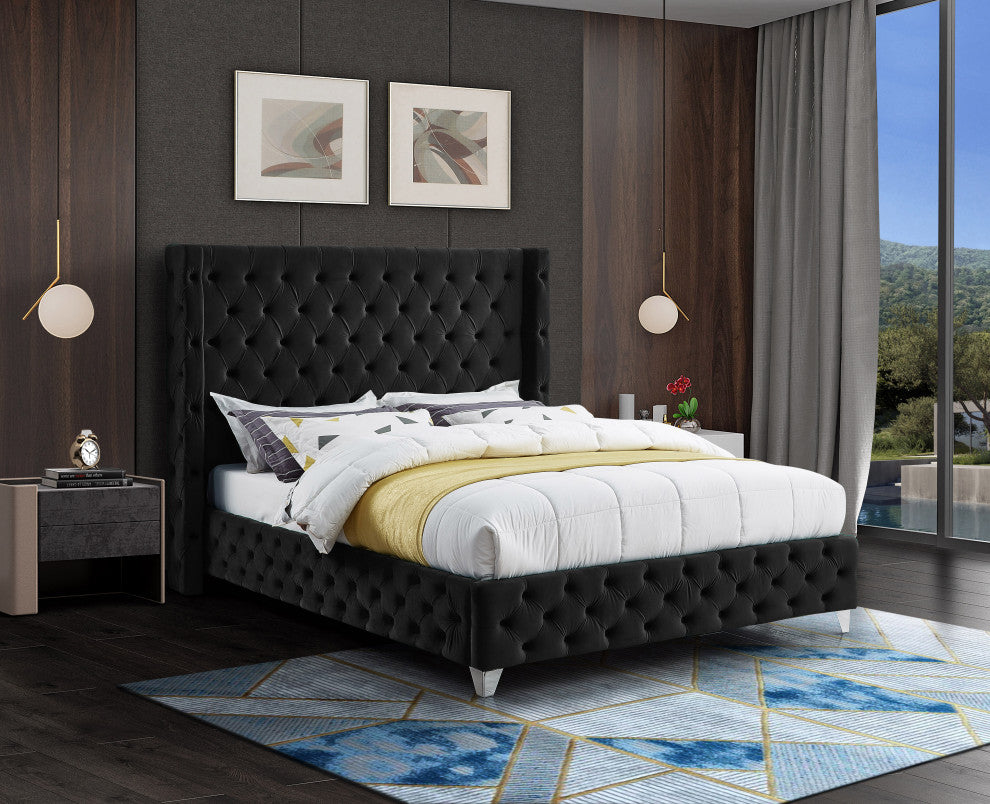 Savan Velvet Upholstered Bed, Black, Full