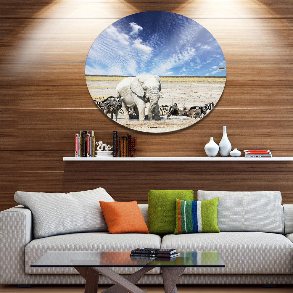 Huge White Elephant And Zebras, Animal Round Wall Art, 11"