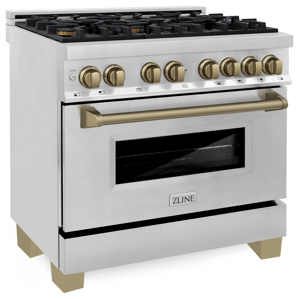 ZLINE 36" Dual Fuel Range, Stainless Steel With Champagne Bronze RAZ-36-CB