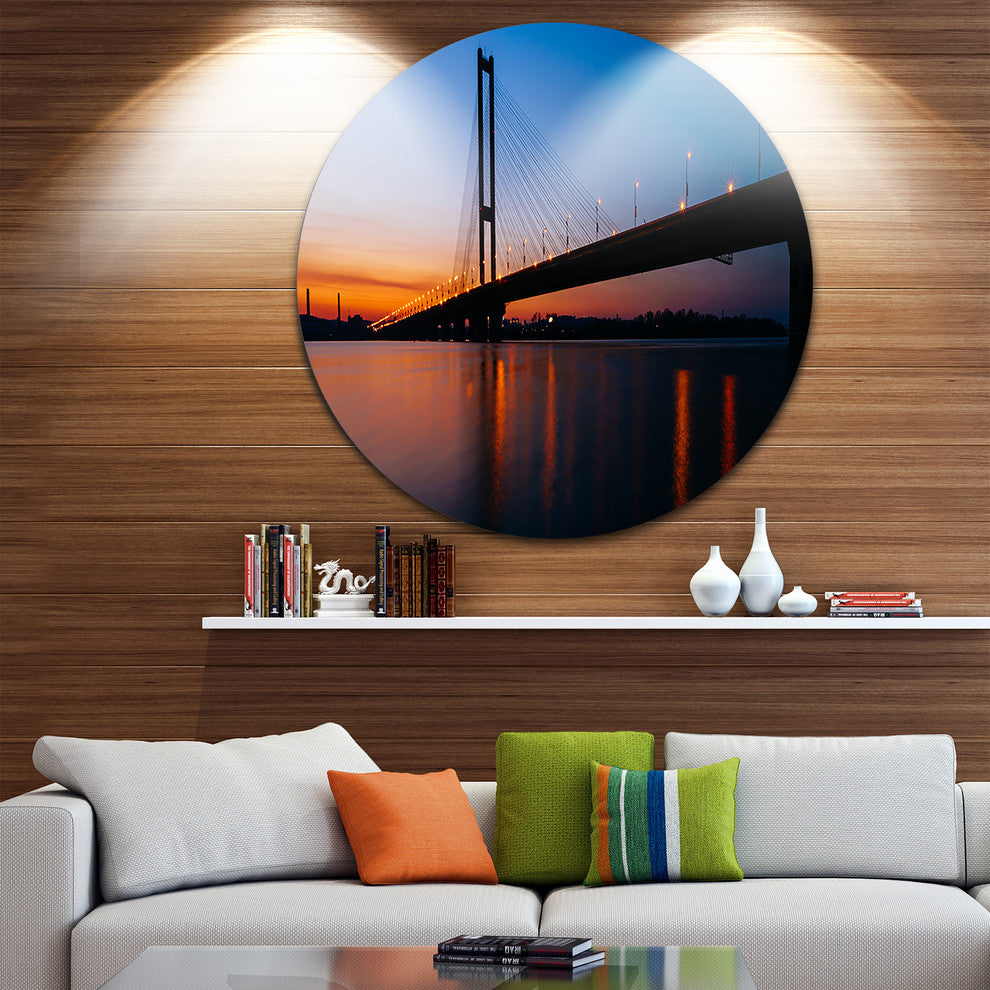 Southern Bridge Panorama In Kiev, Cityscape Disc Metal Wall Art, 36"