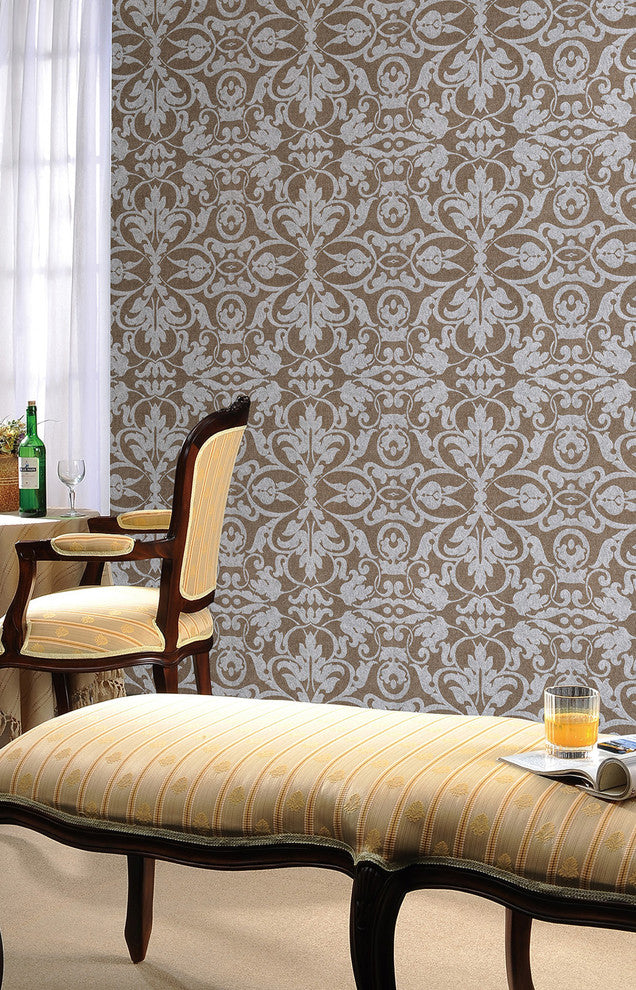 Swirls Wallpaper, White and Silver