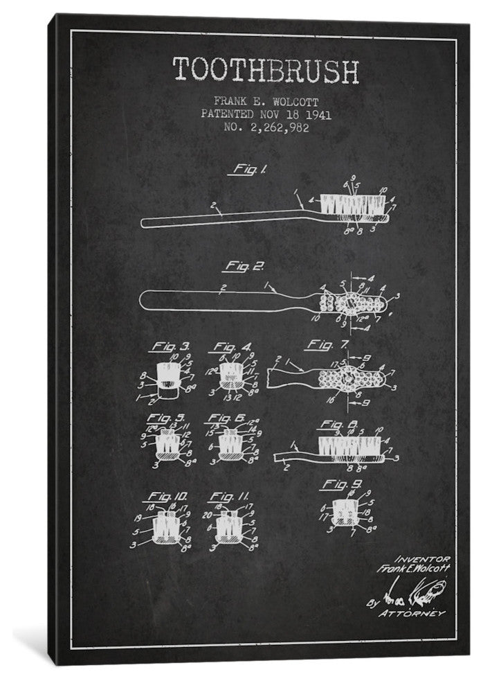 "Toothbrush Charcoal Patent Blueprint" by Aged Pixel, Canvas Print, 26"x18"