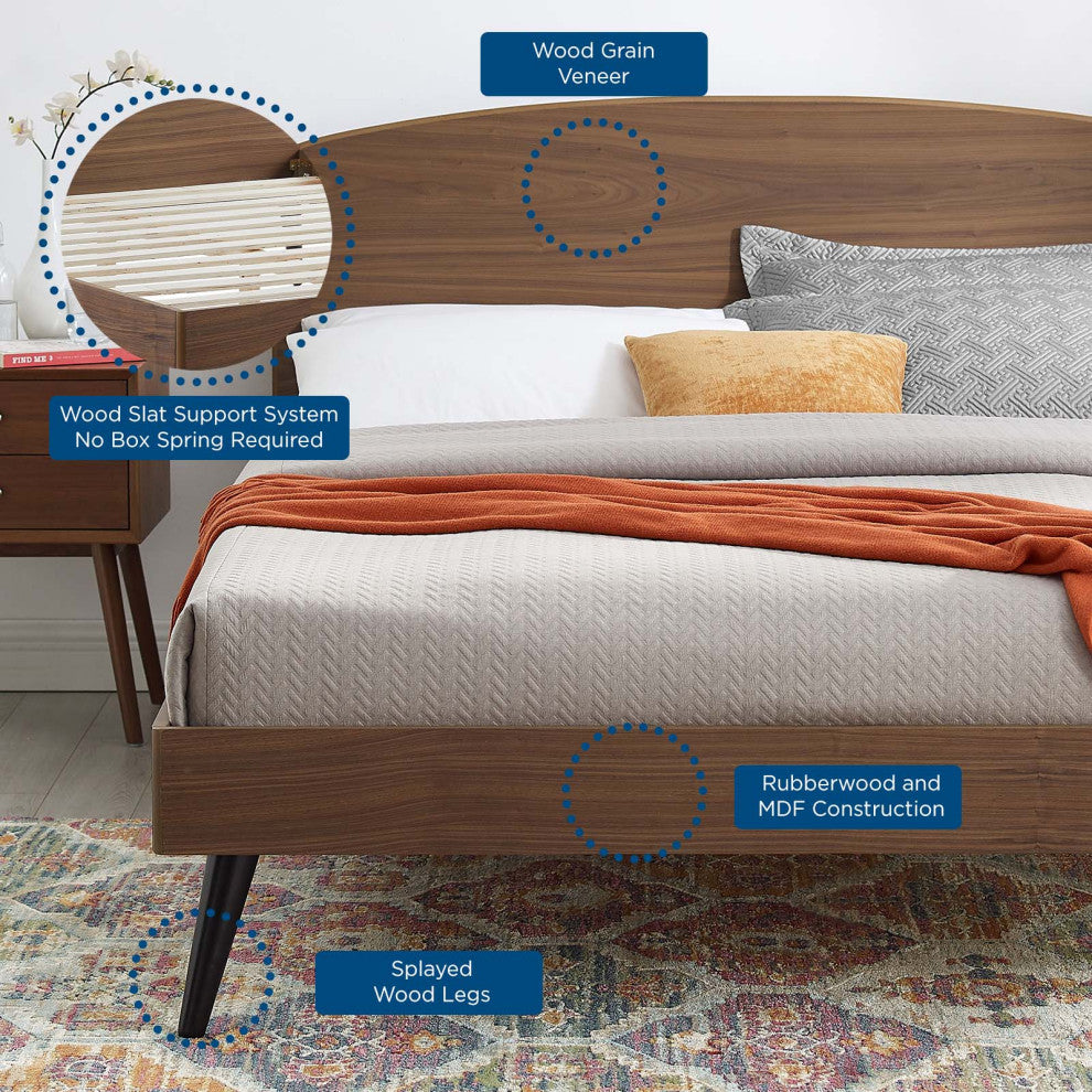 Platform Bed Frame, King Size, Wood, Brown Walnut, Modern Mid-Century, Bedroom