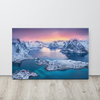 Reine at Winter Sunset Icy Mountain Landscape Photo Canvas Wall Art Prints, 24" X 36"