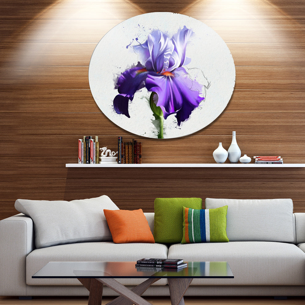 Beautiful Blue Iris Watercolor Sketch, Flower Round Metal Wall Art, 36"