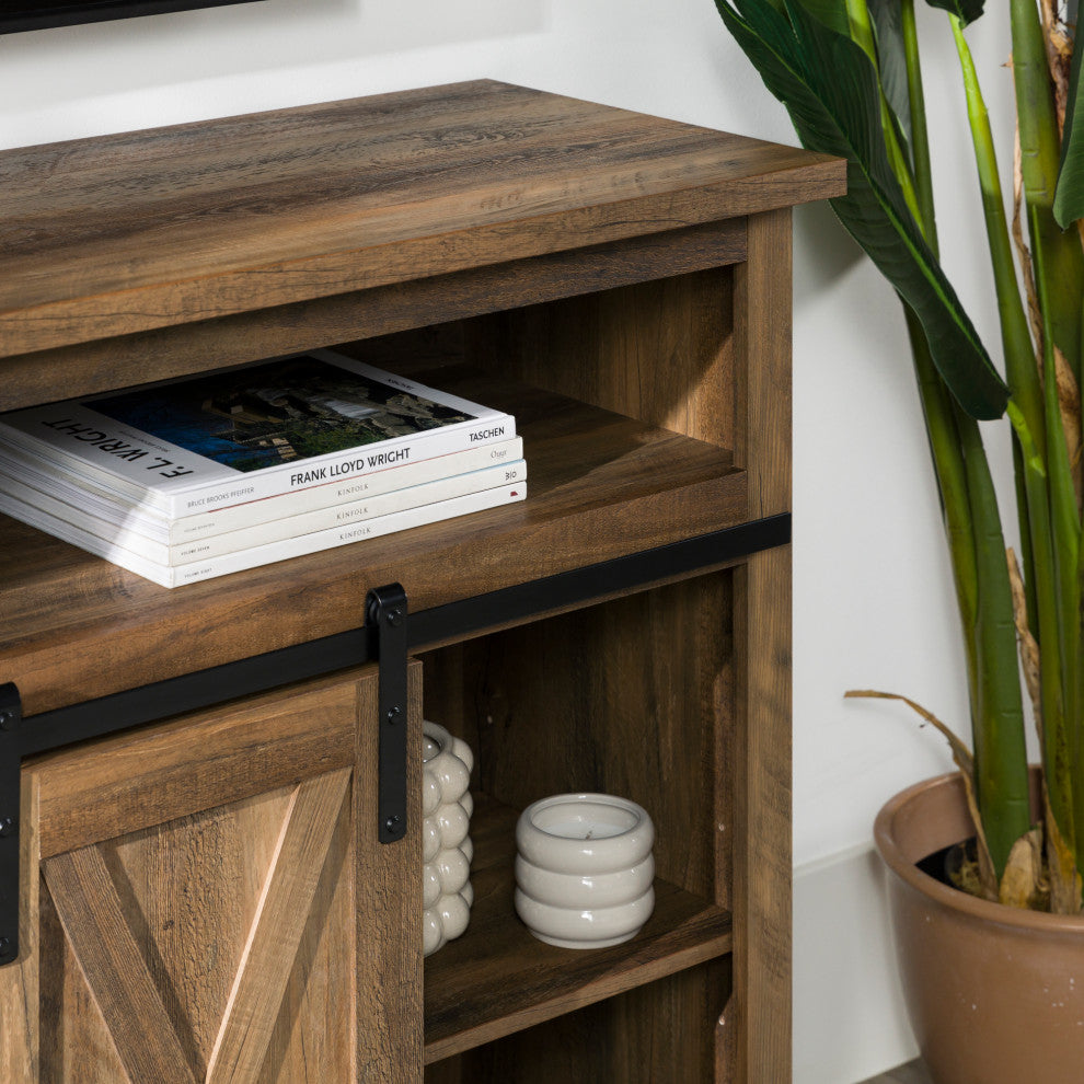 52" Modern Farmhouse Sliding Barn Door Highboy TV Stand, Rustic Oak