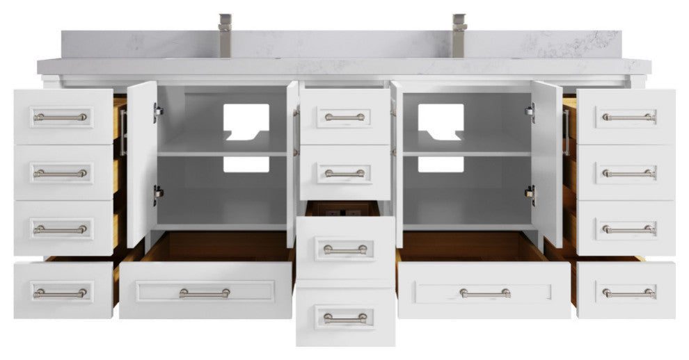 Aberdeen 84 Double Sink Bath Vanity in White 2" Calacatta Nuvo