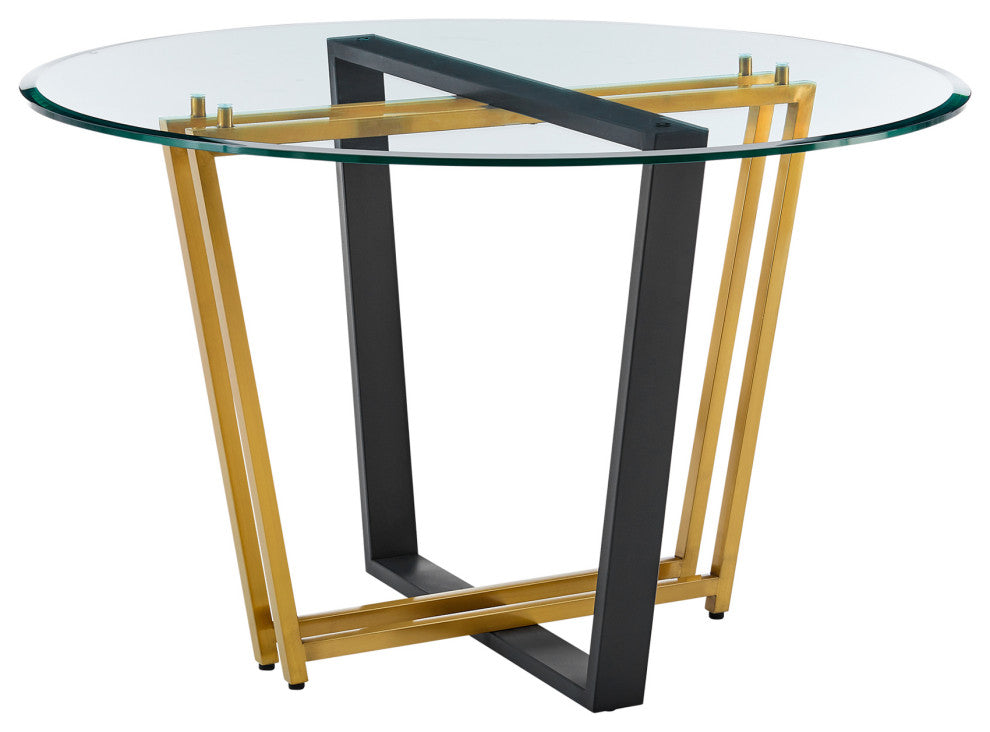 Devi 48" Round Glass Tabletop Dining Table With Gold and Black Base