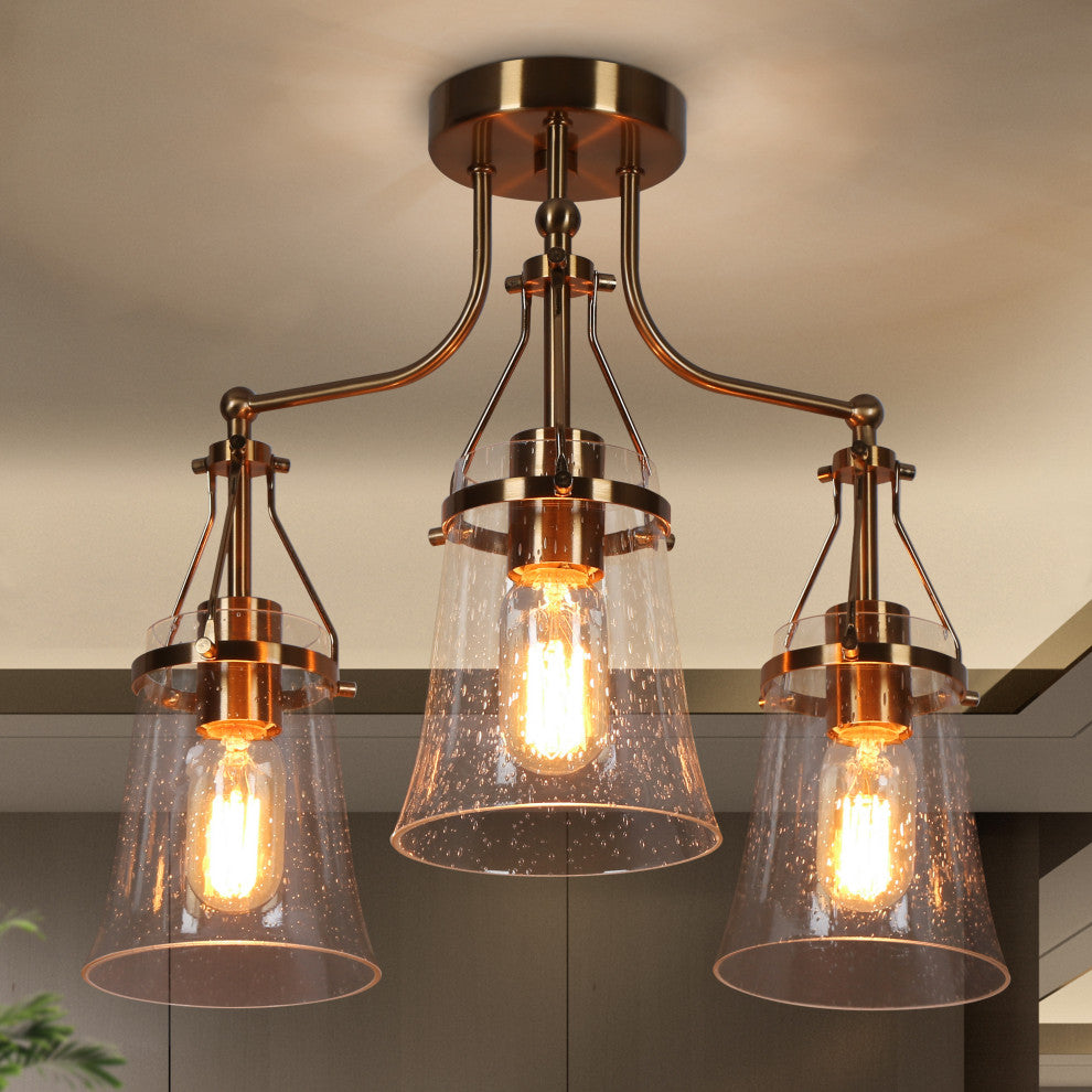 LNC Polished Gold Modern Seeded-Glass Semi-flush Mount Light, 19" Width
