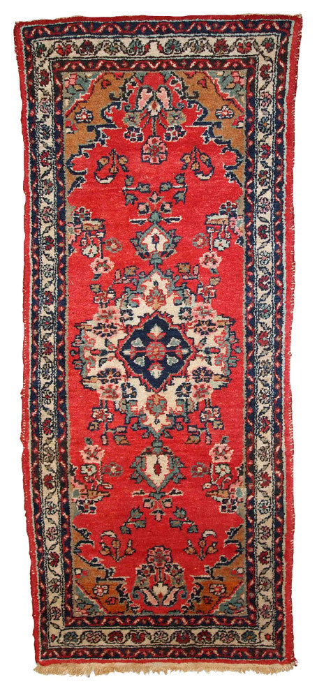 Handmade vintage Persian Hamadan runner 2.6' x 6.3' (81cm x 194cm) 1960s
